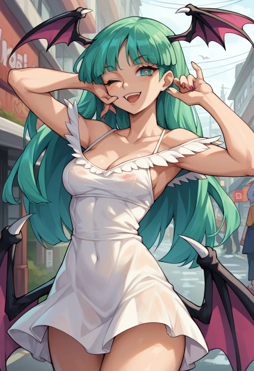 source_anime, character:morrigan aensland \(manga darkstalkers\), bg:city street scene, fx:rain and fog, eyes:wink, emotions:Lewd, Body_Type: slim, eyes:unusual_pupils, Tops: sundress