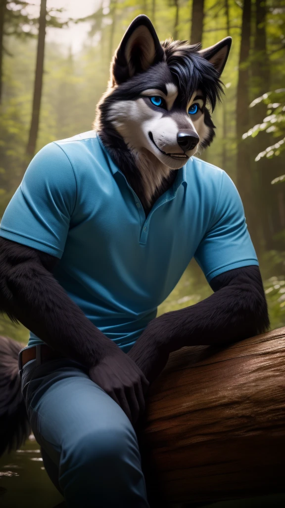 Sexy Posing, male, 30 years old, cute, eyeliner, short black hair, biting lip smile, blue shirt, bedroom eyes, anthro, dog ears, (black fur:1.5),husky dog, forest background, 8k, hi res, (best quality, masterpiece), blue eyes, lying on log, husky tail