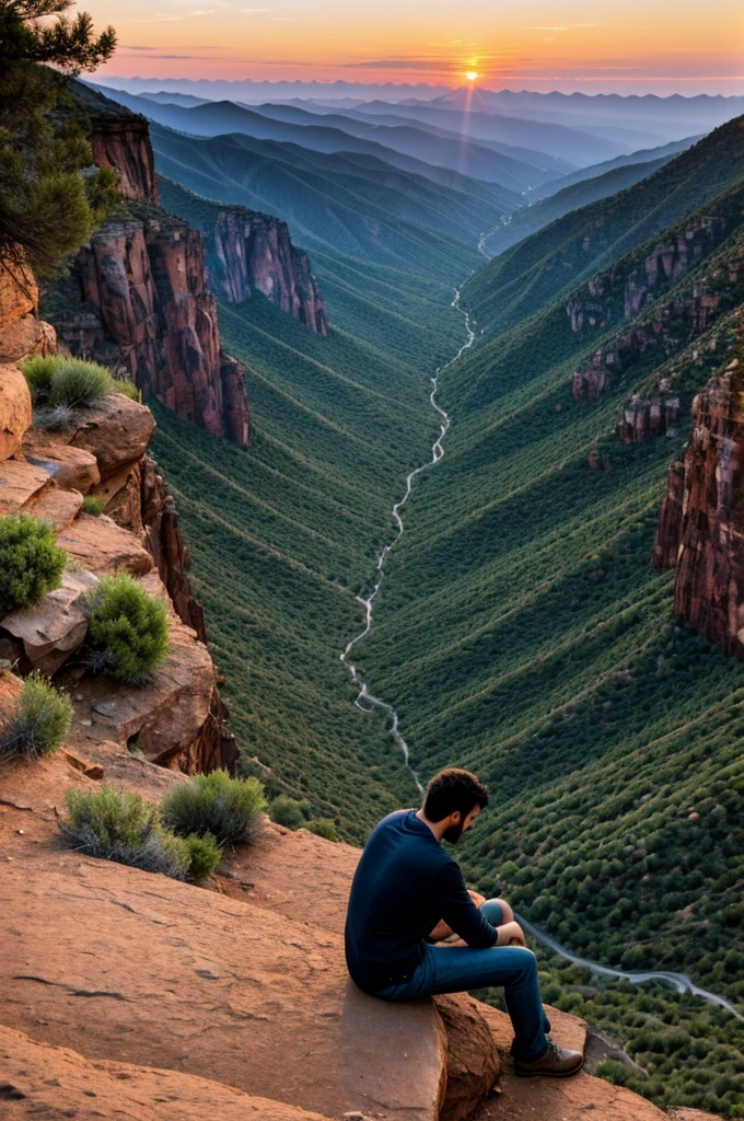 Sad man sitting in a mountain canyon on a spectacular sunset 