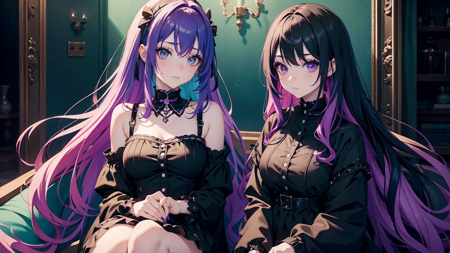 (A girl,anime girl girl,2 little girls:1.1),beautiful detailed eyes,beautiful detailed lips,extremely detailed eye and face,long eyelashes,violet hair,dark purple hair,cute face,Porcelain Skin,black gown,gothic dress, sitting on a sofa, elegant posture, seductively pose,FEEL CONFIDENT,seductive expression,androgynous look,soft lighting,anime style portraits,swirly vibrant colors,vivid shades of purple, anime goth, ((8K, face detailed, super detailed girl, two arms, five fingers on each hand)) ((double tail hair, braids in bows, volumous hair))