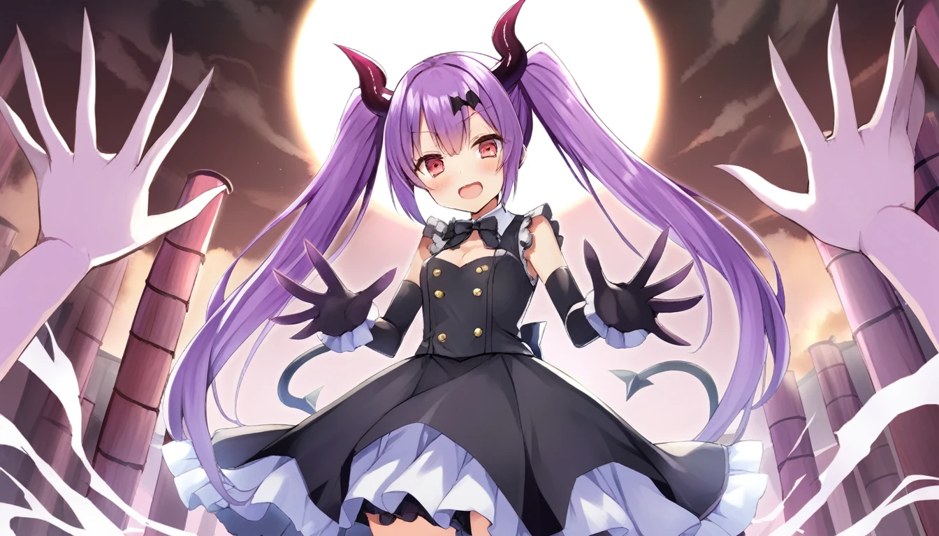 One girl,Purple-haired twin tails,Mymuro, Suspected habitat, wave hands,Great quality, Devil's Wings, Provocative, A large full moon in the background, Beautiful colors, (Great quality:1.5), masterpiece