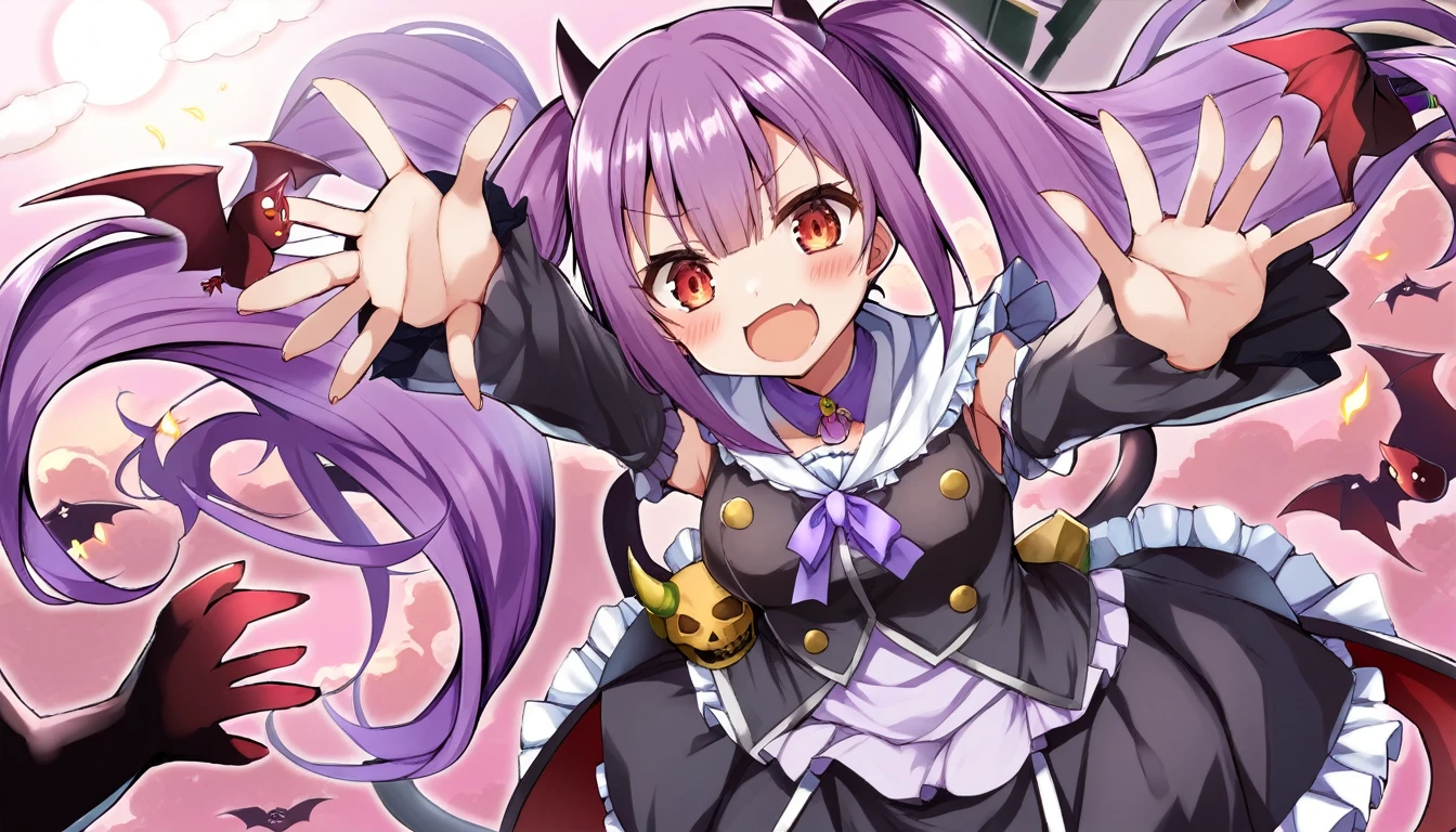 One girl,Purple-haired twin tails,Mymuro, Suspected habitat, wave hands,Great quality, Devil&#39;s Wings, Provocative, A large full moon in the background, Beautiful colors, (Great quality:1.5), masterpiece