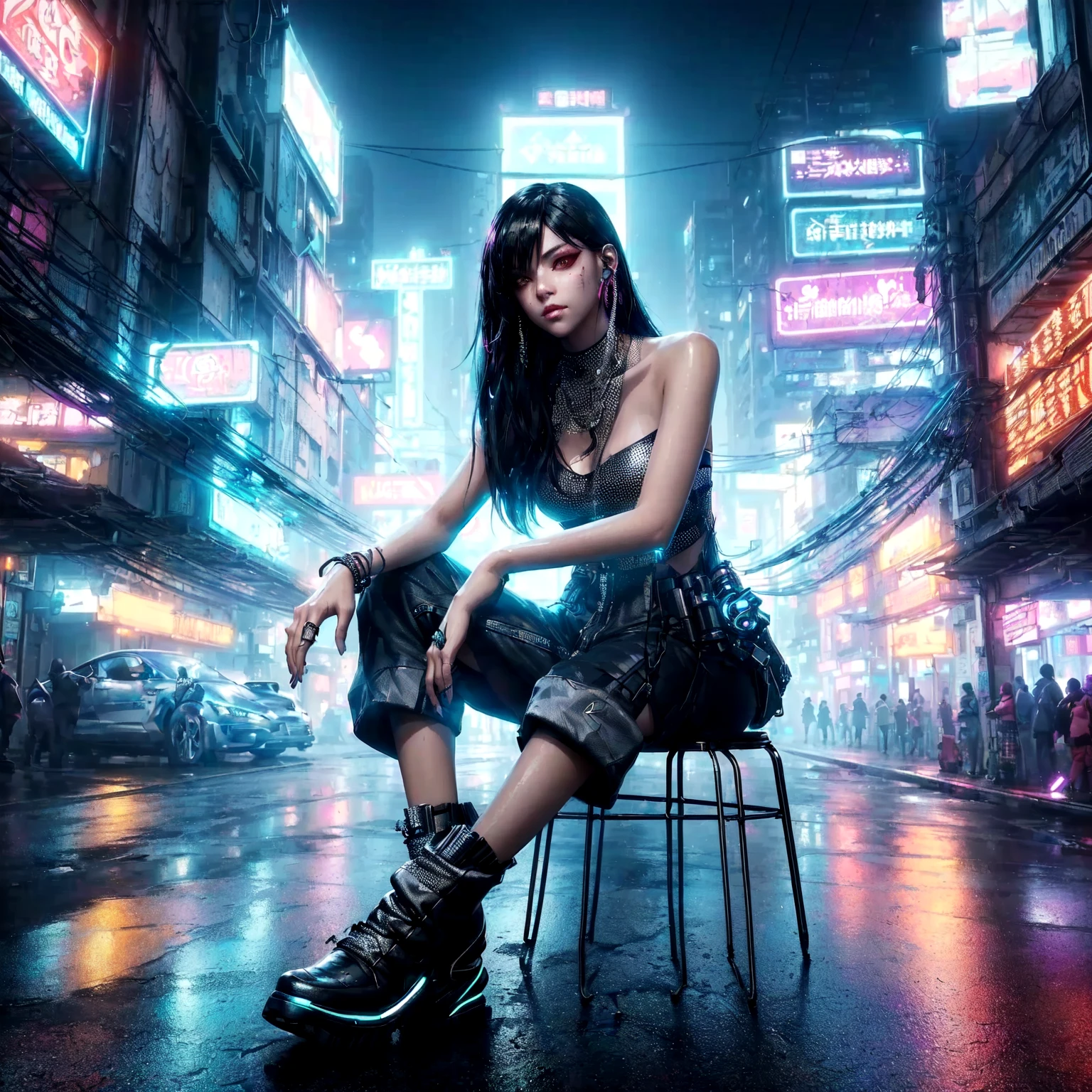 arafed image of a woman in a black top and shorts standing in a crowded street, cyberpunk vibe, cyberpunk vibes, cyberpunk art style, cyberpunk girl, urban girl fanart, artwork in the style of guweiz, beautiful digital artwork, stylized urban fantasy artwork, deviantart artstation cgscosiety, in cyberpunk city, trending on cgstation