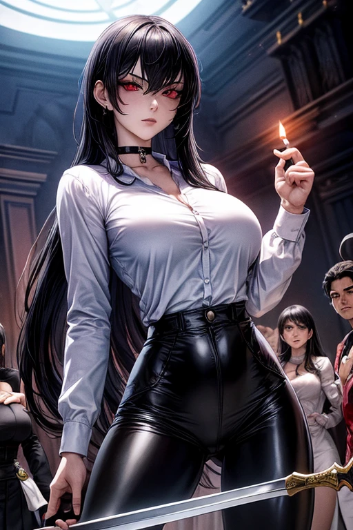Masterpiece, dynamic shot, (multiple female characters), A picture of beautiful succubus on a leash in a crowd of sexy nuns around , nuns, succubus, beautiful demon girl, horror, dark, sexy, rough domination, domination, on a leash, bdsm, golden chains, (golden leash), collar, golden collar, beautiful bodies, slim, horror style, highly detailed faces, (silk underwear), stockings, leather tight boots, closeup