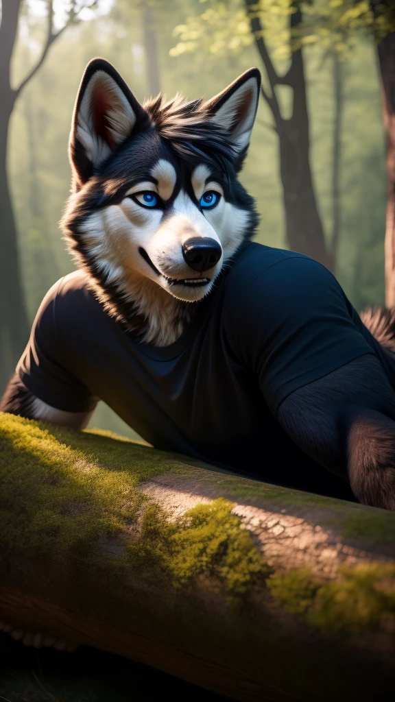 Sexy Posing, male, 30 years old, cute, eyeliner, short black hair, biting lip smile, black shirt, bedroom eyes, anthro, dog ears, (black fur:1.5),husky dog, forest background, 8k, hi res, (best quality, masterpiece), blue eyes, lying on log, husky tail