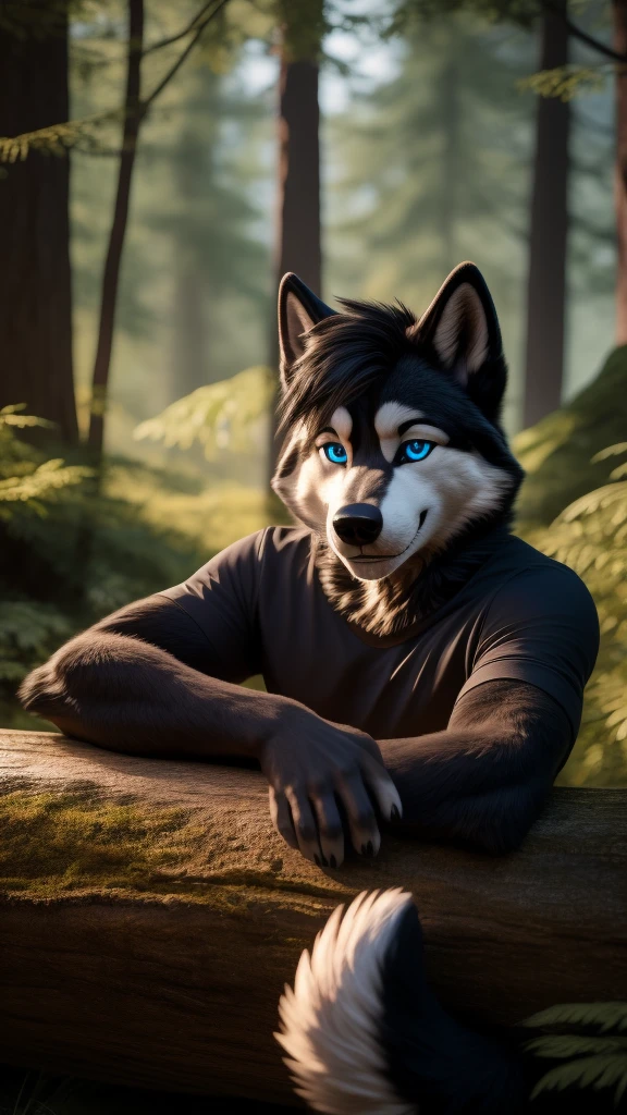 Sexy Posing, male, 30 years old, cute, eyeliner, short black hair, biting lip smile, black shirt, bedroom eyes, anthro, dog ears, (black fur:1.5),husky dog, forest background, 8k, hi res, (best quality, masterpiece), blue eyes, lying on log, husky tail