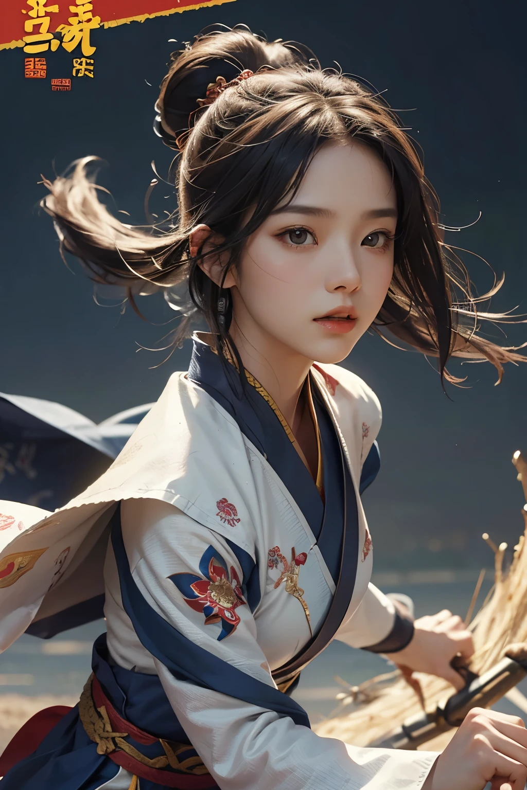 Close-up of poster of a person flying in the sky, Chinese martial arts movie promotional image, movie poster, Animated Poster Movie Still Portrait, Multicolor fit piece,Official Poster, Promotional poster, very - high - budget 영화, The girl is running,