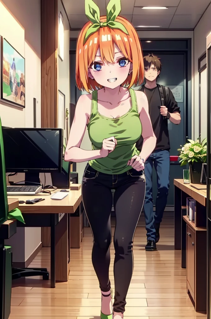 Yotsubanakano, Yotsuba Nakano, bangs, short hair, blue eyes, Hair between the eyes, hair ribbon, hair band, Orange Hair, (Green ribbon:1.5), smile, Grin,Green tank top,Skinny jeans,Stiletto heels,There is a computer on the table,interior,Walking,whole bodyがイラストに入るように,
break indoors, オフィス
break looking at viewer, whole body,
break (masterpiece:1.2), Highest quality, High resolution, unity 8k wallpaper, (figure:0.8), (Beautiful attention to detail:1.6), Highly detailed face, Perfect lighting, Highly detailed CG, (Perfect hands, Perfect Anatomy),