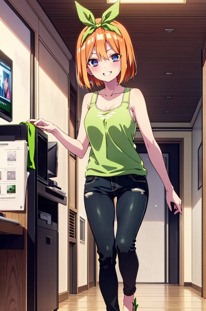 Yotsubanakano, Yotsuba Nakano, bangs, short hair, blue eyes, Hair between the eyes, hair ribbon, hair band, Orange Hair, (Green ribbon:1.5), smile, Grin,Green tank top,Skinny jeans,Stiletto heels,There is a computer on the table,interior,Walking,whole bodyがイラストに入るように,
break indoors, オフィス
break looking at viewer, whole body,
break (masterpiece:1.2), Highest quality, High resolution, unity 8k wallpaper, (figure:0.8), (Beautiful attention to detail:1.6), Highly detailed face, Perfect lighting, Highly detailed CG, (Perfect hands, Perfect Anatomy),