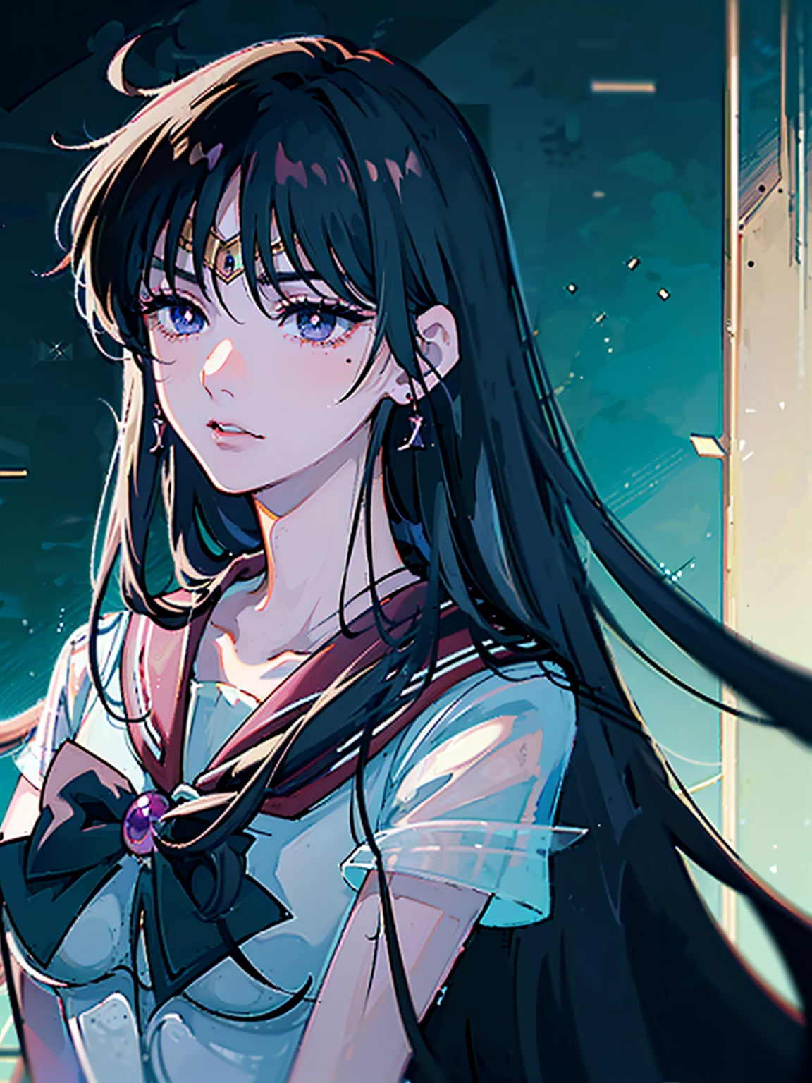 dark, masterpiece, Highest quality, 8K、Sailor Mars, (Unhealthy face:1.9, Dark Eyes:1.5, Dark circles under the eyes, Yandere:1.5, Unhappy face, Lifeless face), Long hair in the eyes, Long Bangs, Eyes through the bangs, Big eyes, Turquoise Eyes, Bust Shot, Dark atmosphere