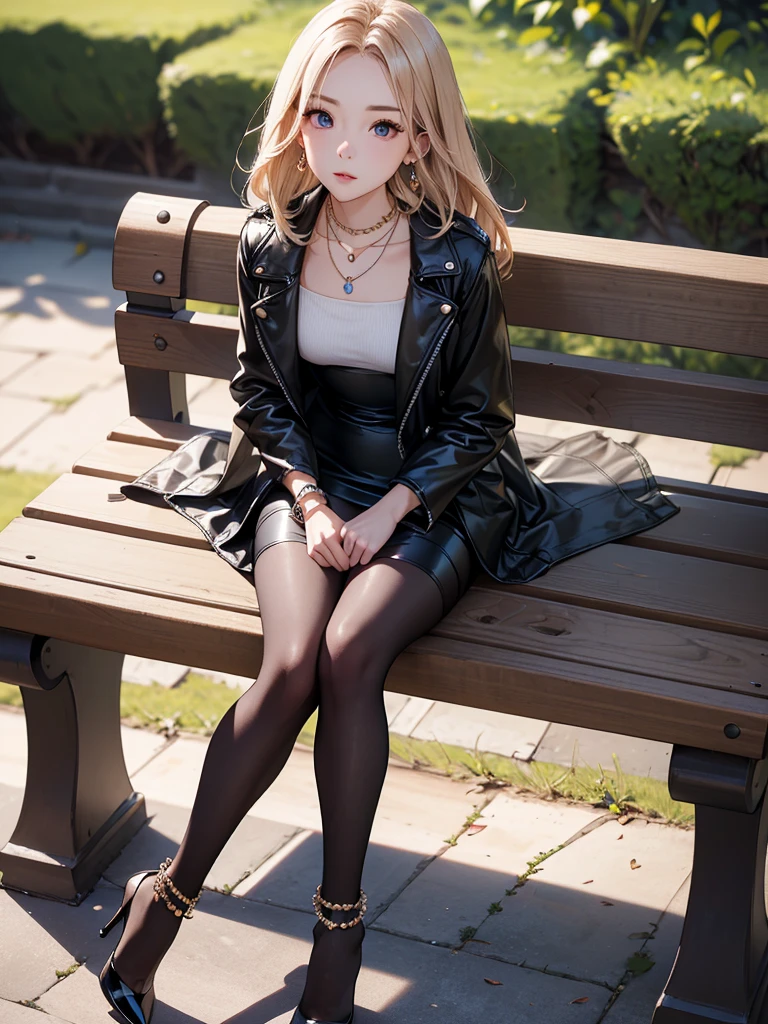 ((Biologically correct limb count))、((Full Body Shot, Full-body photo including face、Head to toe photos))、4K、masterpiece、((Focus on the face))、((Symmetrical facial features))、Eyes of meticulous depiction、One beautiful woman、Excellent style、((Black rubber tights、Rubber Skirt、Leather jacket、High heels with anklets))、Detailed Description、Small earrings、necklace、((Sitting on a bench in a park early in the morning, looking up))、Close-up photo of the whole body、Panty shot、Focus on the face