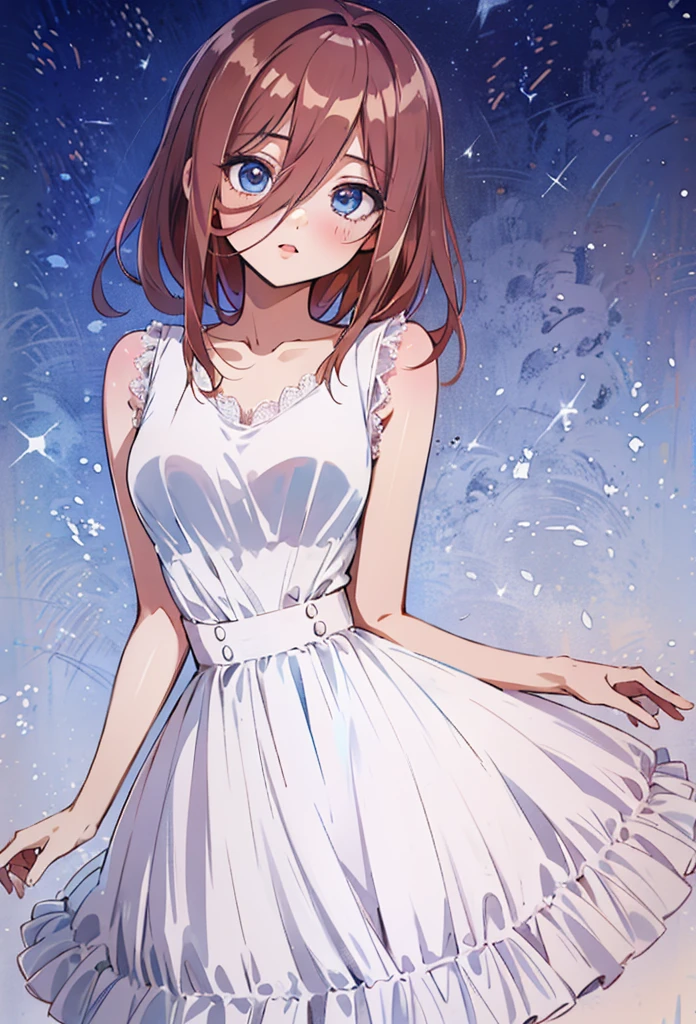 score_9, score_8_up, score_7_up, score_6_up, source anime, akihcipnxl, (1 girl) Sfw, Miku nakano, pretty age girl with fluffy long pink brown hair, heart shaped lips and blue eyes making a cute face, aamiku, Nakano Miku from The Quintessential Quintuplets, Miku Nakano, masterpiece, 4k, ultradetailed, cowboy shot, nakano Miku, pink red brown hair, blue eyes, sparkling eyes, night wear, white minimal simple nightwear matching set, white iridescent matching set, white satin and lace night vest, white satin and lace tank top with thin shoulder straps, white satin light night skirt, minimal outfit, simple outfit, all white outfit, full body, dynamic pose, moving, dynamism, hair between eyes, nightwear, starry sky behind her, night sky, pretty stars