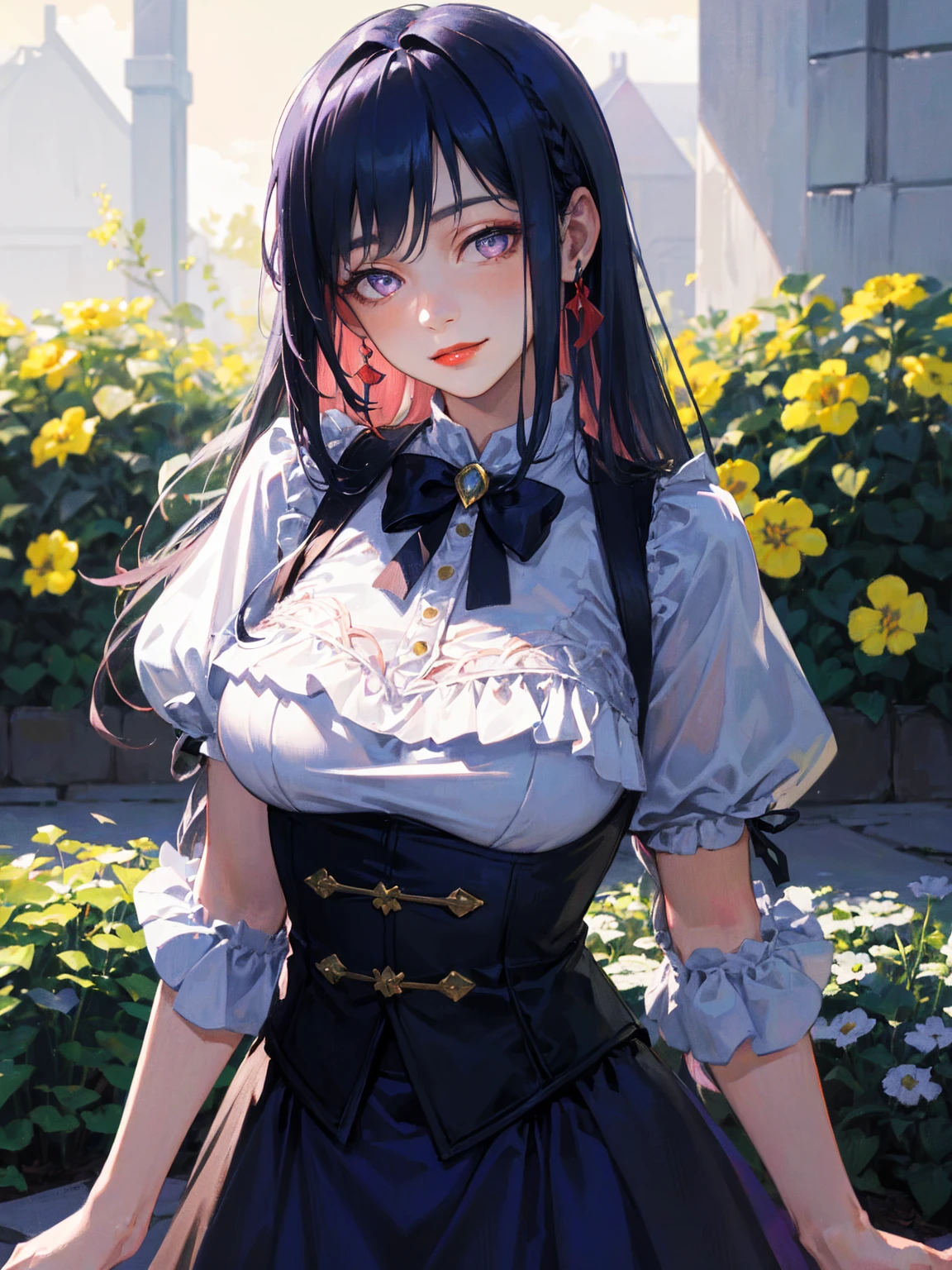 (absurdres, highres, ultra detailed), masterpiece, hinata(boruto), ((solo)), 1girl,large breasts, long purple victorian style dress, closed mouth, (((long hair))),standing, the bodice and the skirt pattern, frill skirt, lace, blink blink effect, (((detailed lips))), garden, pink and yellow flowers,  ((realistic skin)), glowing skin, ((glossy red lips)), purple eyes, portrait, beautiful, smile, (((dark blue hair))), bust crop, normal skin