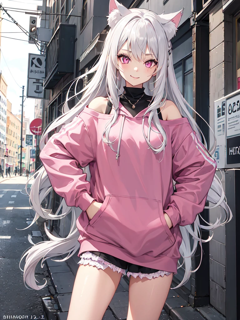 1 Girl,cat ear,Beautiful silver hair,Pink inside,Beautiful pink eyes hoodie,off shoulder:1.2, street,hand on hip, hand in pocket,smile