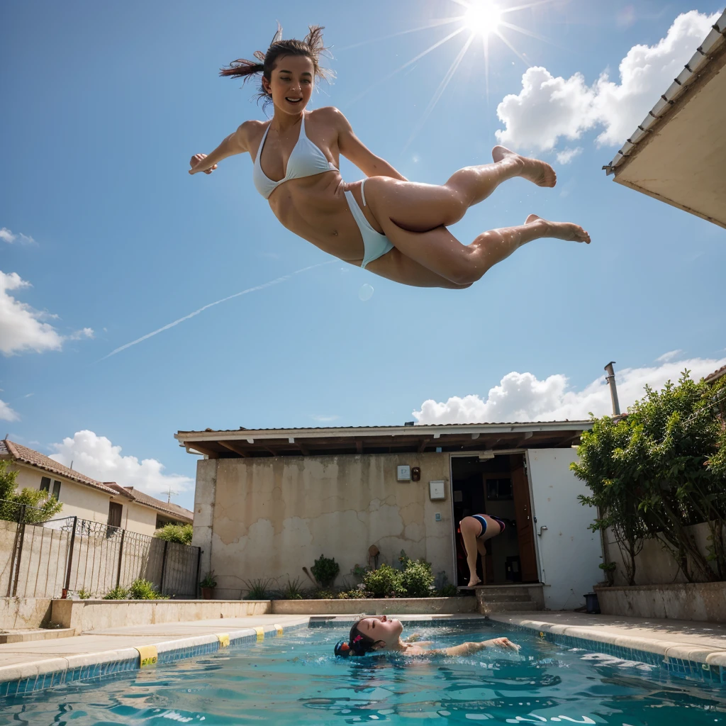 Girl is jumping in a swimming pool , she is in air