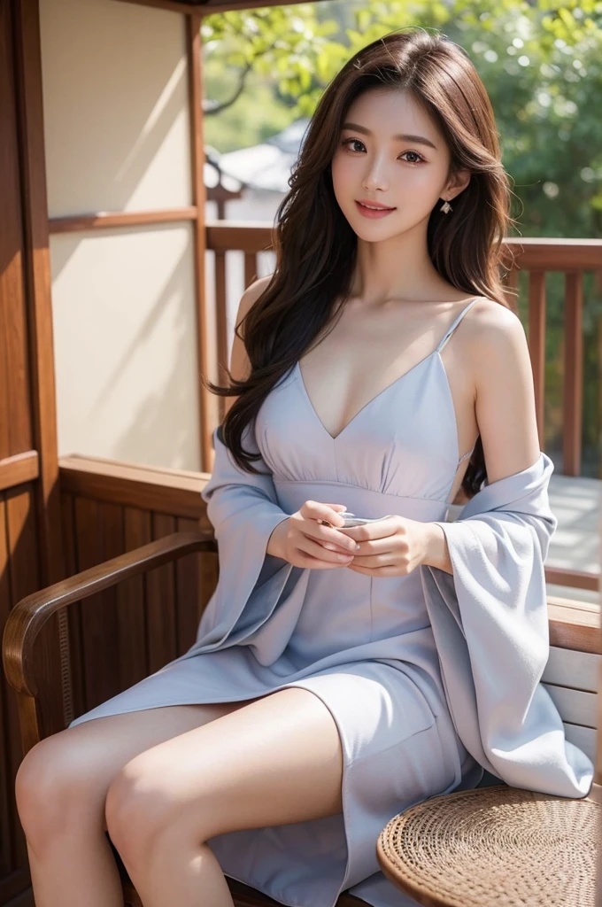 4K Ultra Resolution、Beauty、One Woman、Dark Brown Hair:1.1、Highly detailed face、Lips detail、important、(Eyes meet)、double eyelid、Princess Eyes、Beautiful Japanese Women、Beautiful Japanese Women、Sensual lips、Bewitching body、Bust size 82、Standing in an exciting pose facing forward with natural body balance、20th Generation、(23 years old)、far and near method、 A meticulous Japanese woman、Dress、Wearing a delicate, erotic and stylish one-piece dress、Hair blowing in the wind、Important(The detailed numbers and shapes of hands)、I can see your chest、Crisp images、The delicate sparkle of the eyes、Outside, people are drinking tea on a small Western-style terrace.、Sit facing forward on a stylish chair、Beautiful breasts with detailed details、color々Hair style、Smiling with a nice smile、