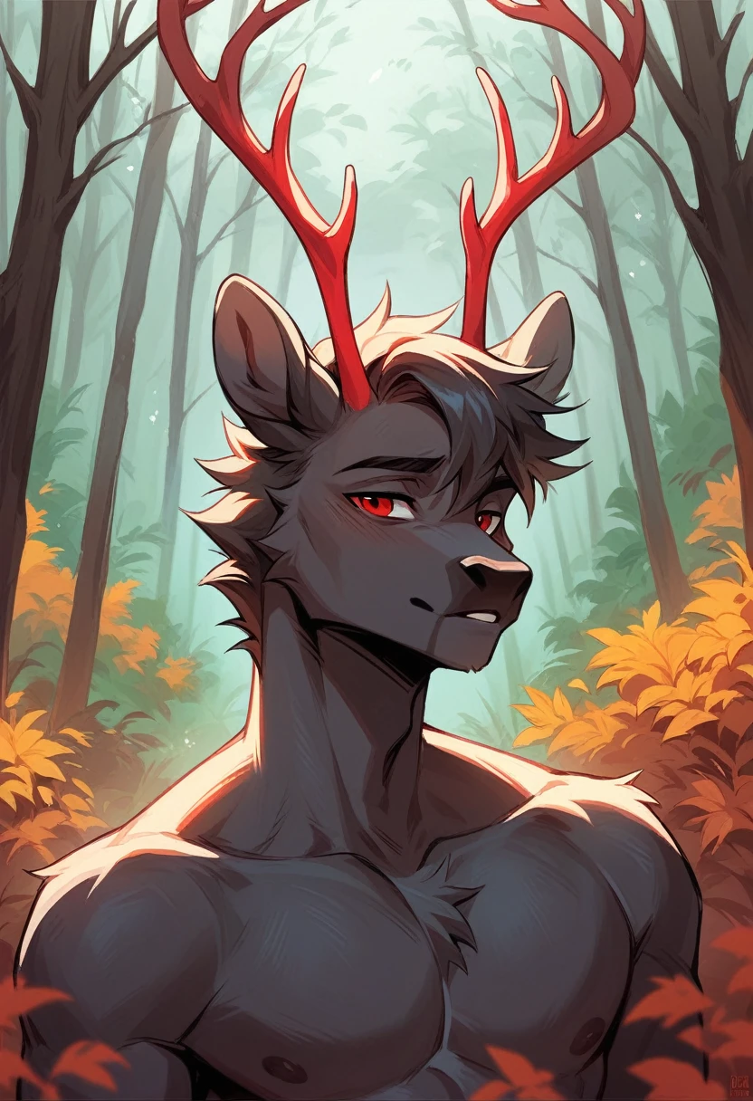 Male, anthropomorphic, stag, dark fur, red eyes, twink build, medium sized antlers, neutral expression, single, forest setting