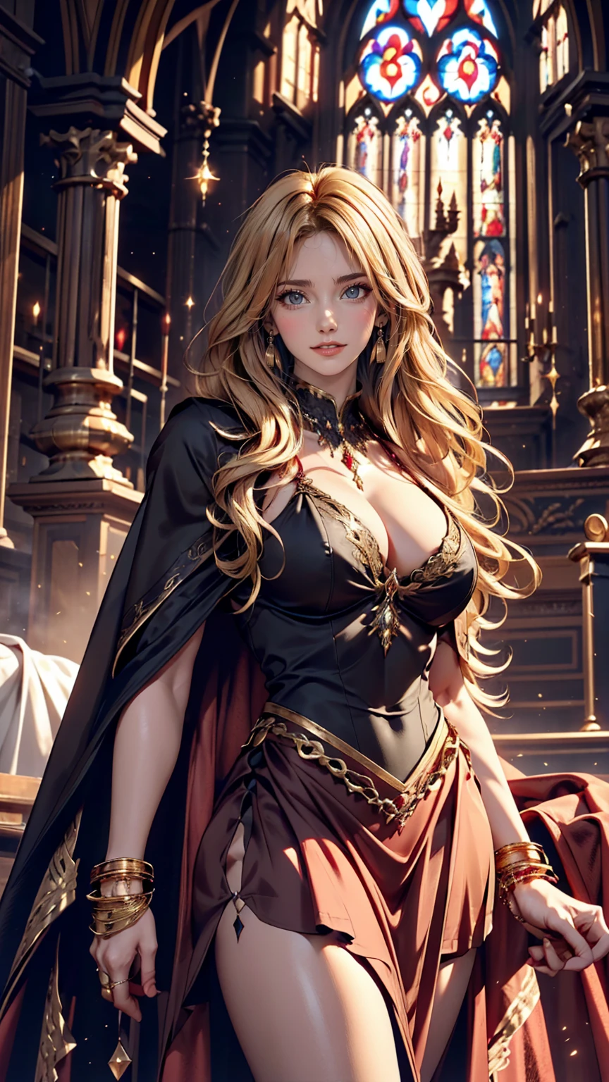 Dark Souls, Dim Light, Old Church, Mature Woman, slim, expensive, Long blonde curly hair, Long black cape, Red leotard with long skirt, Long skirt with diamonds, Gold Bracelets, 8K, Official Style, European aristocracy, 、Sexy proportions、Sexy、Narrow waist、Long eyelashes、eye shadow、lipstick