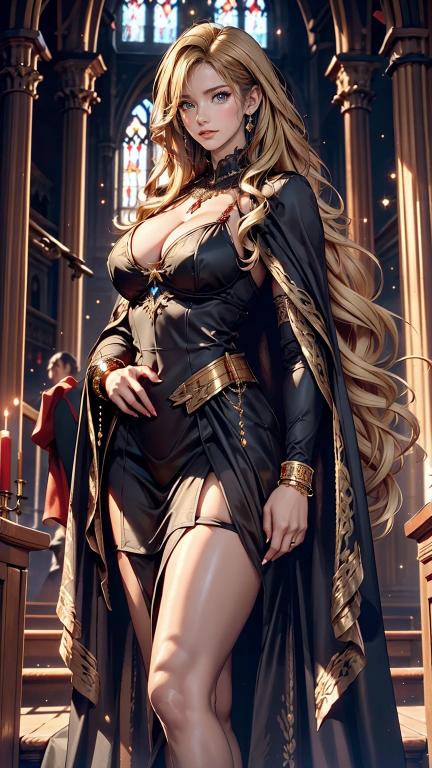 Dark Souls, Dim Light, Old Church, Mature Woman, slim, expensive, Long blonde curly hair, Long black cape, Red leotard with long skirt, Long skirt with diamonds, Gold Bracelets, 8K, Official Style, European aristocracy, 、Sexy proportions、Sexy、Narrow waist、Long eyelashes、eye shadow、lipstick