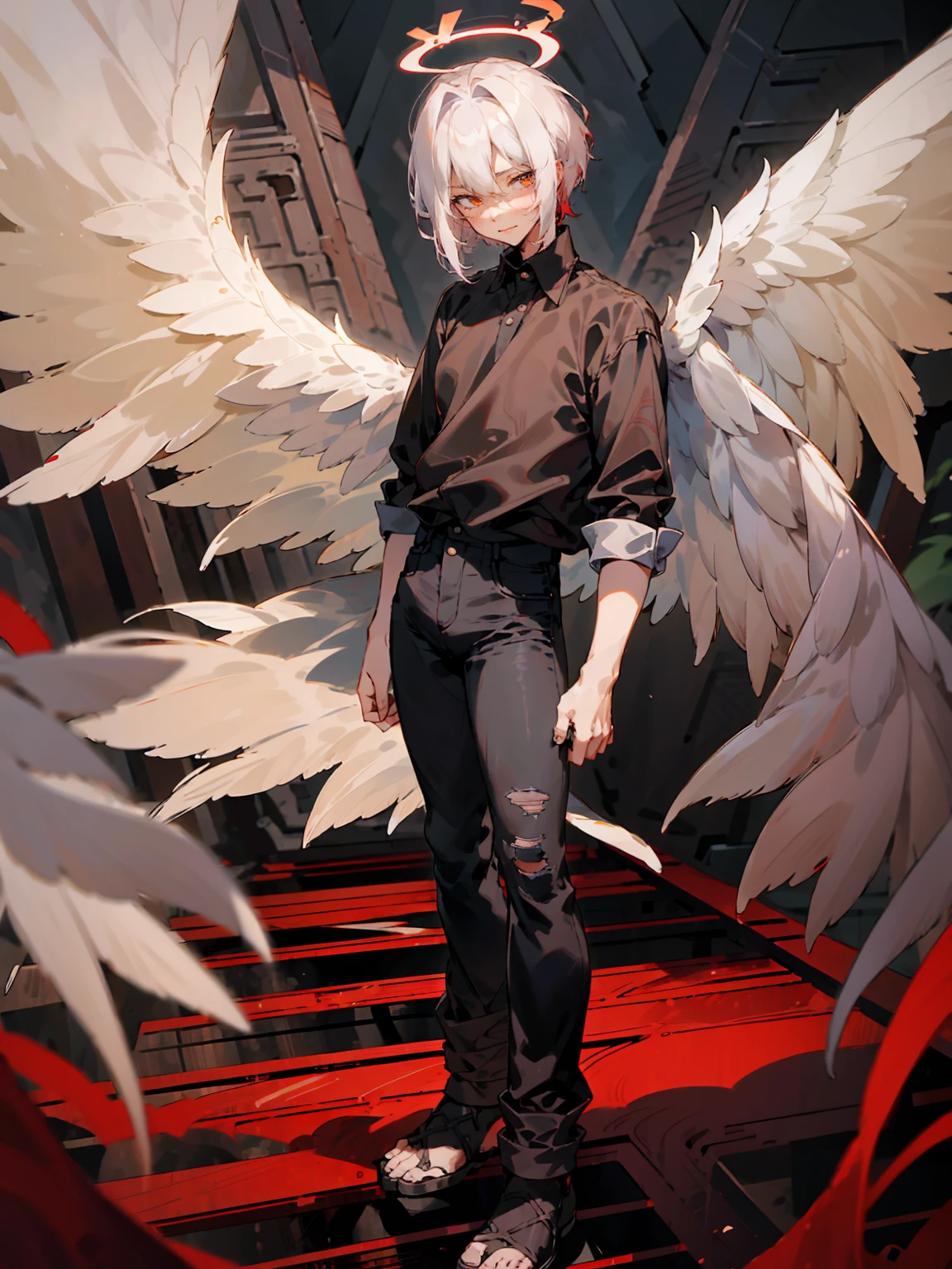 1male, Adult, Two Tone Hair, Crimson and White Hair, Short Hair, Undercut Hair, Red Angel Halo, Black Angel Wings, Golden Eyes, Smirk, Black Flannel Shirt, Black Ripped Jeans, Standing On Path
