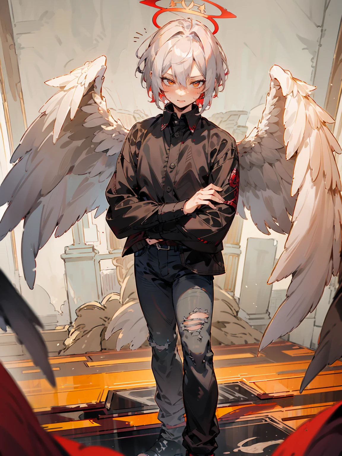 1male, Adult, Two Tone Hair, Crimson and White Hair, Short Hair, Undercut Hair, Red Angel Halo, Black Angel Wings, Golden Eyes, Smirk, Black Flannel Shirt, Black Ripped Jeans, Standing On Path