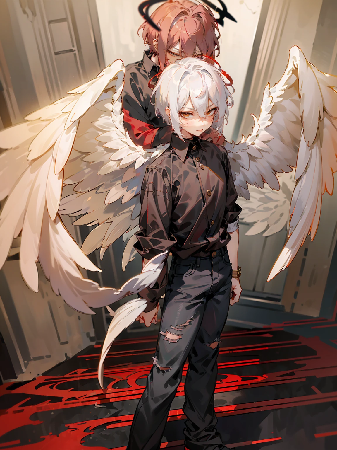 1male, Adult, Two Tone Hair, Crimson and White Hair, Short Hair, Undercut Hair, Angel Halo, Black Wings, Golden Eyes, Smirk, Black and White Flannel Shirt, Black Ripped Jeans