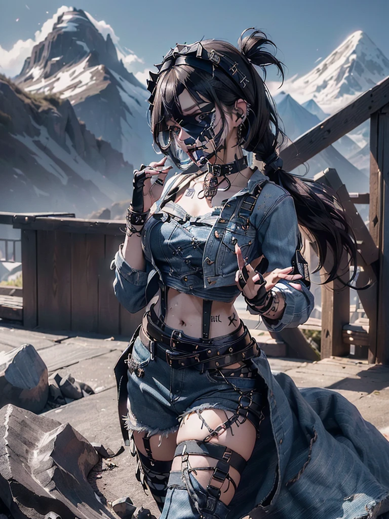 (Full Body View:1.3)、(Beautiful lips and nose:1.4)、(Long eyelashes:1.4)、(Side view:1.1)、(Smiling with teeth showing:1.3),(Shibuya Gal:1.5)、(Gothic ta delicately decorated dress:1.5)、(Tattered denim and black punk rock cargo pants:1.5)、(Denim and black navy skull mark small jacket:1.4)、(denim garter belt:1.5)、(Black and denim knee socks:1.3)、(Skull Silver Accessories:1.5)、(Denim collar:1.3)、(Brown Skin Belt:1.4)、(Brown boots:1.2)、(The underwear is striped:1.4)、31 years old、((Highest quality、In 8K、masterpiece:1.3))、Sharp focus:1.2、(Layered Cut、Huge boobs:1.1),Beautiful woman with perfect figure:1.4、(Dancing vigorously:1.3)、Slender Abs:1.2、Highly detailed face and skin texture、Detailed eyes、double eyelid,(Twin tails:1.3)、(Black brown hair:1.3)、Gravure idol、(The background is a vast mountain with a clear view々Beautiful luxury resort destination in Europe:1.3)、(Slim body:1.2),(Make your legs thinner:1.4),(clavicle:1.1)