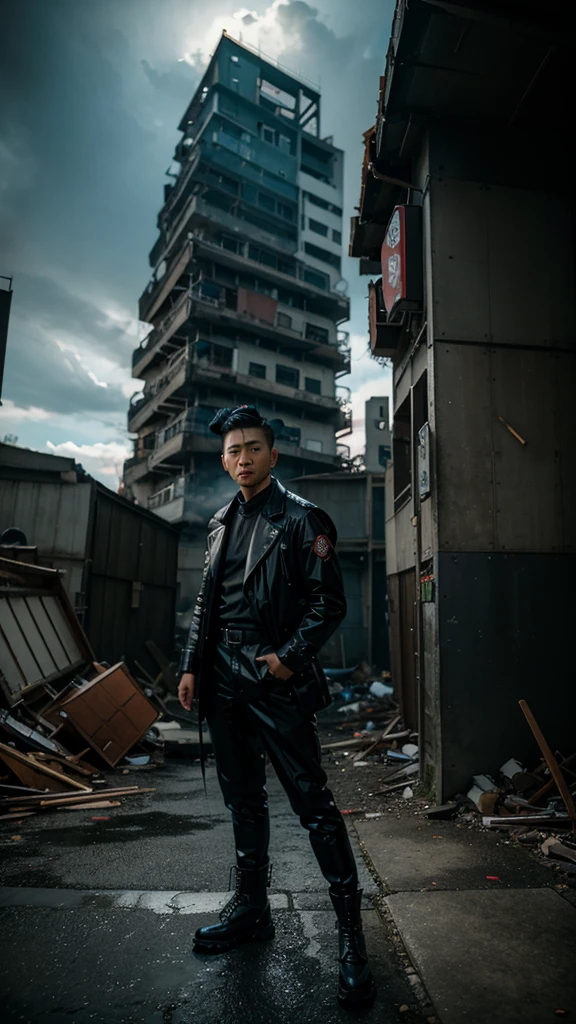 long shot down fish eye view. in action pose. Handsome Korean man with a scratch on his right eye. armor mecha red latex ring high collar trench jacket in black suit. cornrow undercut white light hair manbun. ninja assassin profession. aura blue flame cold air blue katana neon smoke holograpic. wearing punk both mecha shoes. stand in a cool style. backgroun japanes ruins of ravaged buildings rock montain outboard bloody incident windstrom.
