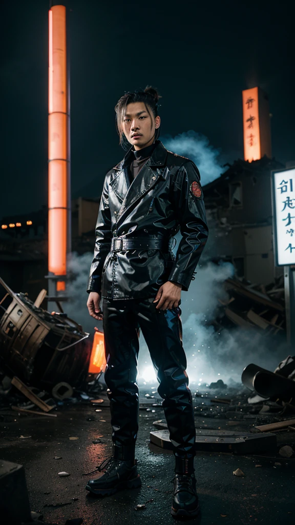long shot down fish eye view. in action pose. Handsome Korean man with a scratch on his right eye. armor mecha red latex ring high collar trench jacket in black suit. cornrow undercut white light hair manbun. ninja assassin profession. aura blue flame cold air blue katana neon smoke holograpic. wearing punk both mecha shoes. stand in a cool style. backgroun japanes ruins of ravaged buildings rock montain outboard bloody incident windstrom.