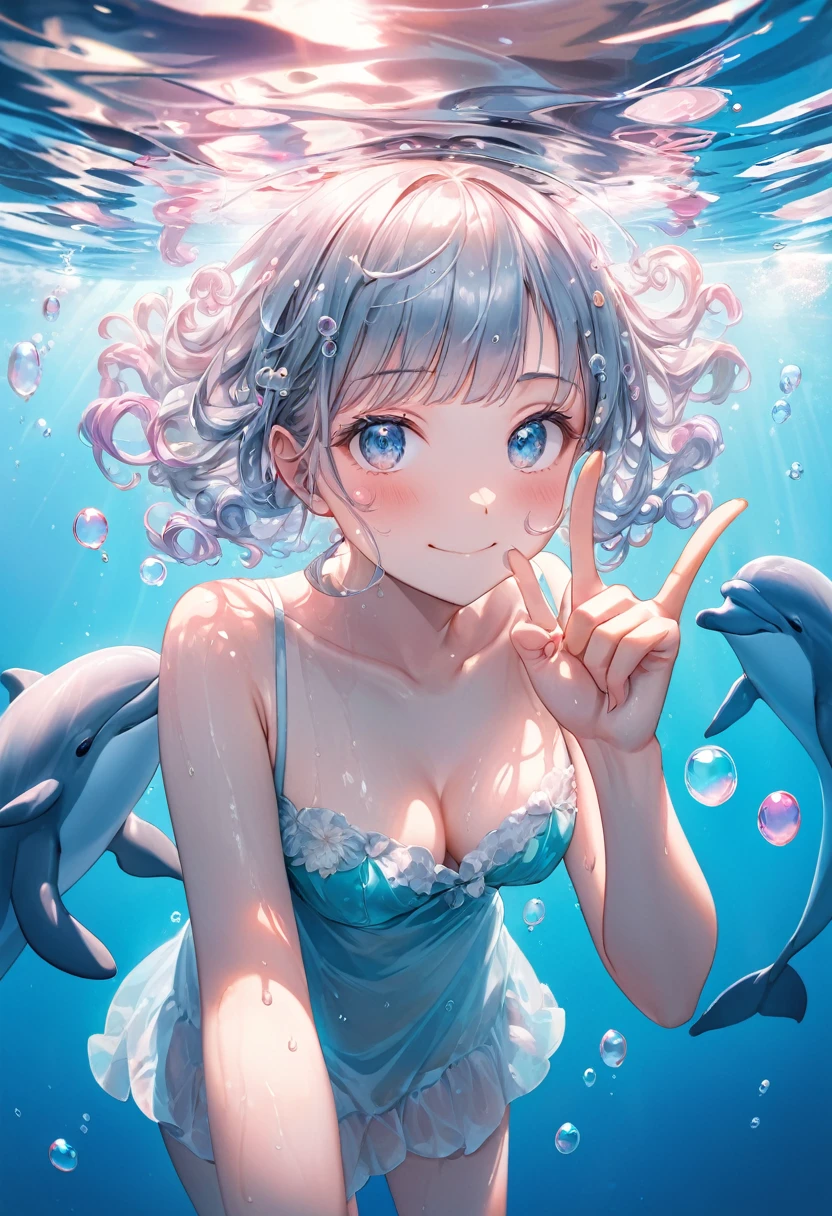 Double exposure, Fisheye Lens, RAW Photos:1.2, masterpiece, Highest quality, 16K, Unbelievably absurd, Very detailed, Perfect beauty, Photographing beautiful dolphins from underwater,1 girl,deck, Silver long curly hair, Blunt bangs, Long sideburns, Wet Hair, Vibrant colors, Ultra-realism:1.2, Middle chest, Blue sky and rainbow, View your viewers, Peeking through the bubble with one eye,Girl looks up,Secret pose with index finger on mouth, A shy smile, Mirror Effect:1.2,Two arms,Five fingers on each side,Heart Bubble