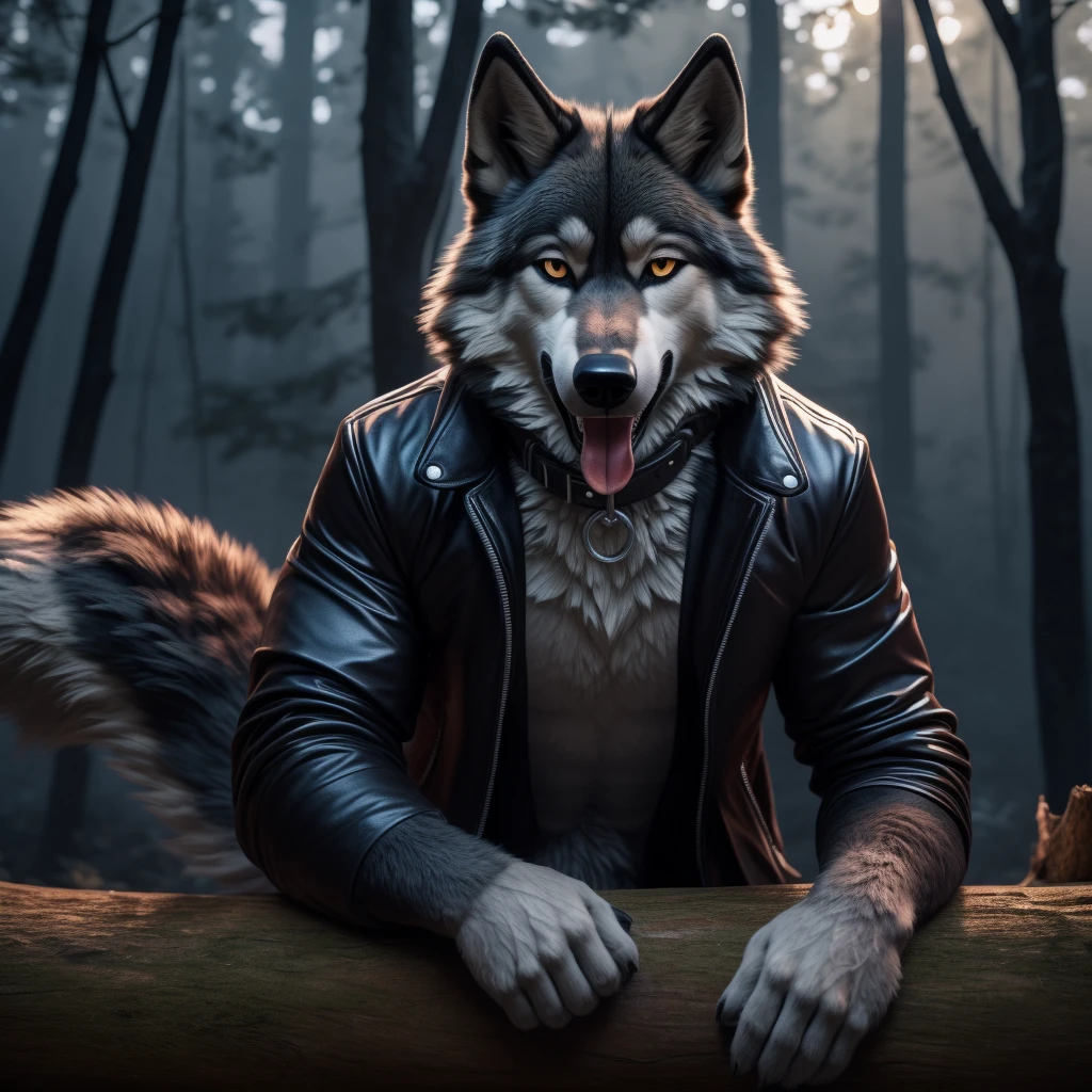 Sexy Posing, lying on log, Male, 30 years old, happy, mouth open with tongue hanging out, black leather jacket, anthro, wolf ears, (black fur:1.5), wolf, forest background, 8k, hi res, (best quality, masterpiece), (wolf tail:1.5), detailed fur, solo, looking at camera, night, leashing and collar,