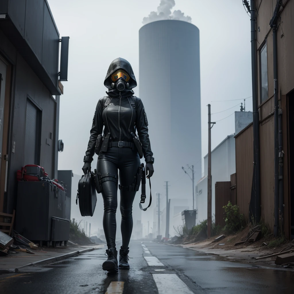 She is walking in middle of a street dressed in black and wearing a gas mask, abandon city with only one Power Nuclear Plant in the distance but there is not other people , there is a olive green toxic smoke in the air, ultra high quality, 4K, low angle, (masterpiece, top quality, best quality, official art, beautiful and aesthetic:1.2),