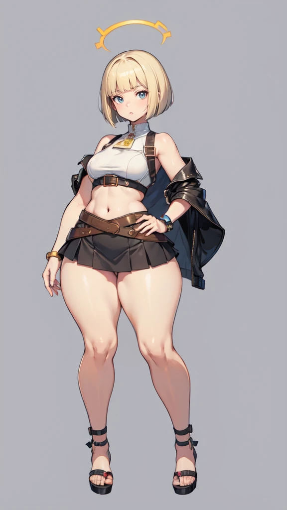 blank background, (((full body))), (masterpiece), ((best quality)), flat chest, blunt bangs, short twintail, (wide hips:1.6), (thick thighs:1.4), (very short skirt), sandals, belt below navel, fanny packs, blonde