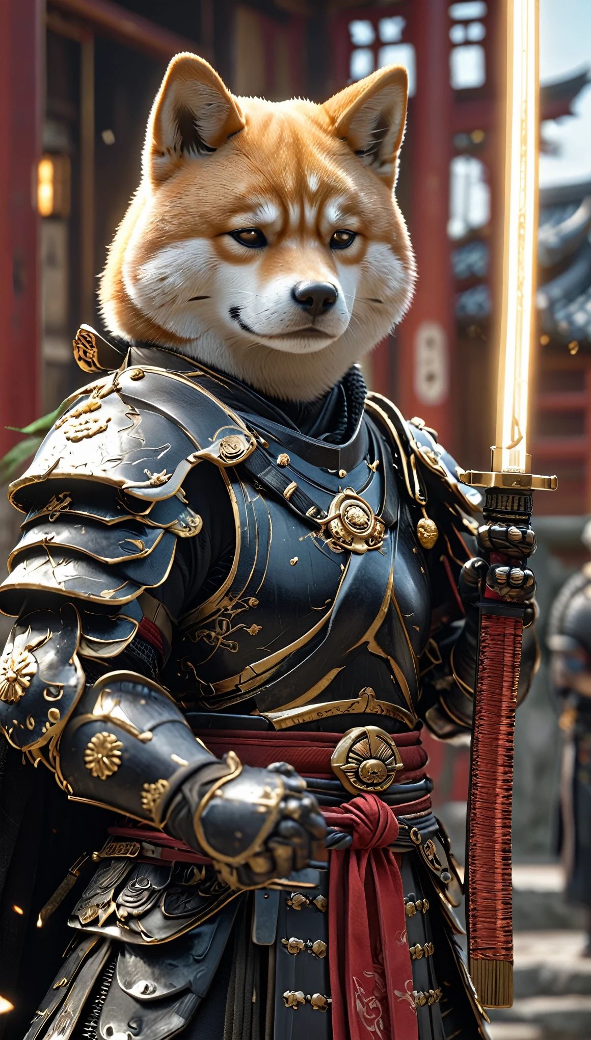 Shiba Inu Samurai,whole body, He has a Japanese sword charged with lightning., Wearing black armor and hakama haori, Japanese temple background, High resolution, masterpiece, Highest quality, Very detailed, Very detailed, Ultra-realistic,
 Japan style, 3D Fluffy, Cute and adorable close-ups, Cute big round reflective eyes, Long fuzzy fur, Pixar Rendering, unreal engine Cinematic smooth, Exquisite detail, Cinematic