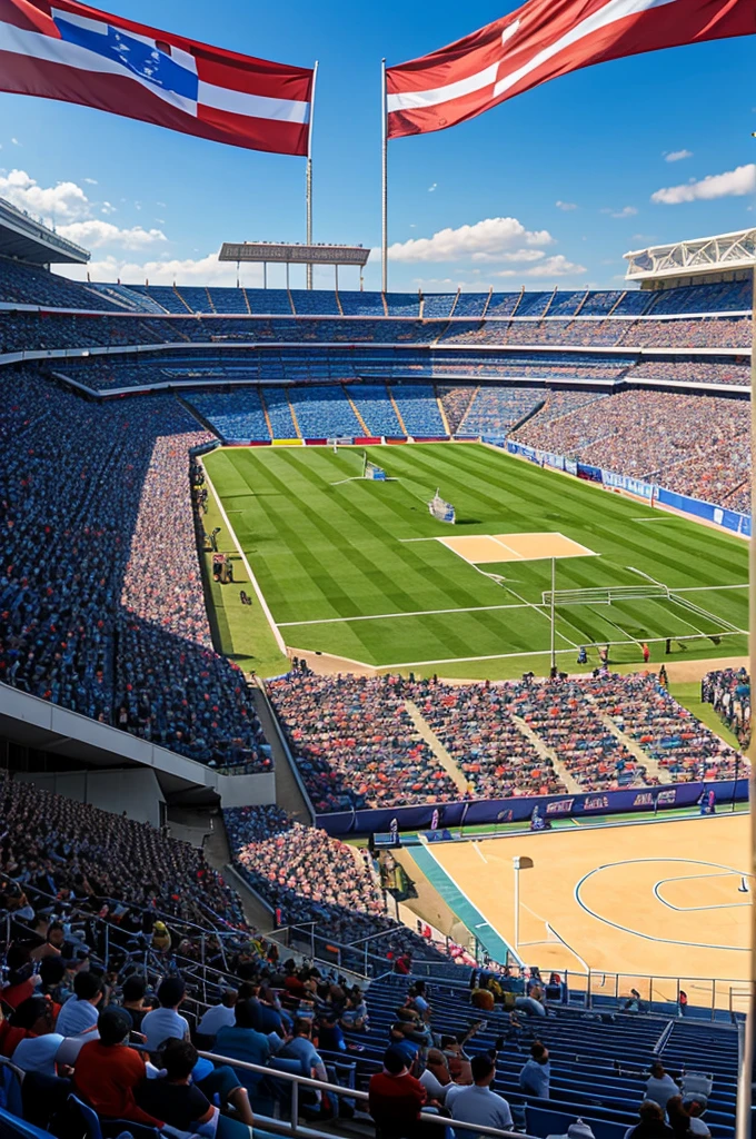 A large, open tournament battle arena with a flat, tiled floor featuring combat zone markings. Surrounded by high stadium seating filled with spectators, with banners and flags waving. Clear blue sky overhead. Highly detailed, vivid colors, and sharp focus.
