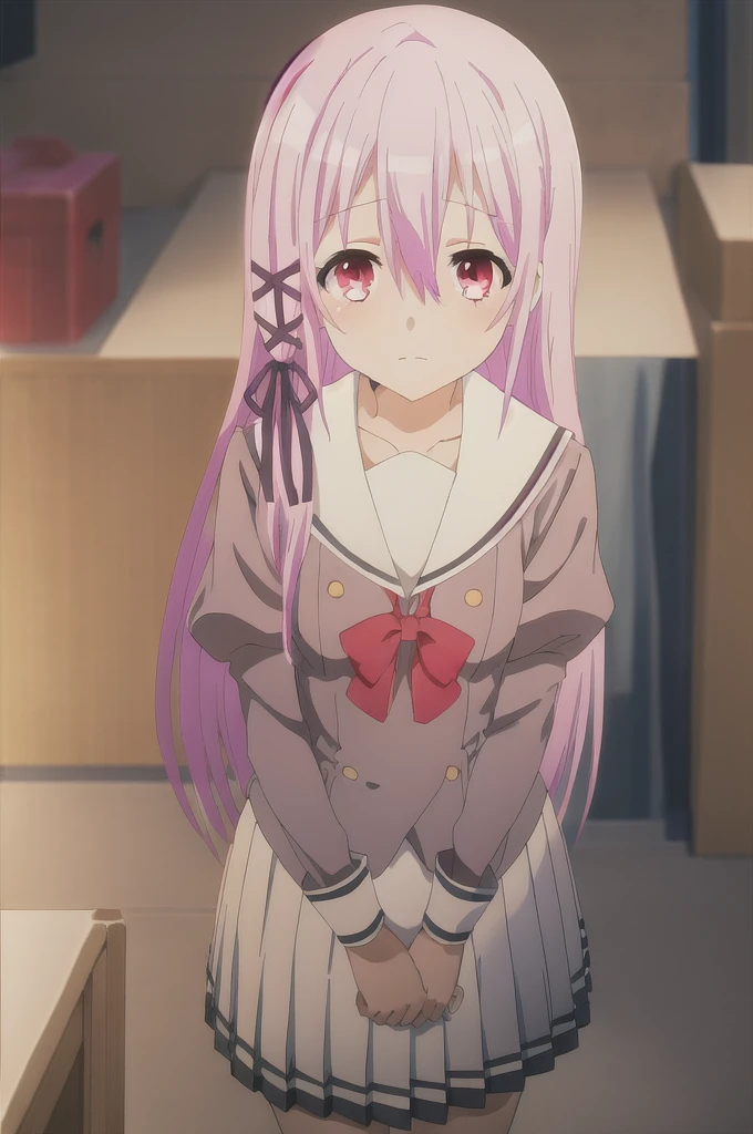Kisara, A girl with long pink hair. In the kitchen, facing the viewer, with his hands behind his back, leaning forward, looking at the viewer with a charming and shy look.