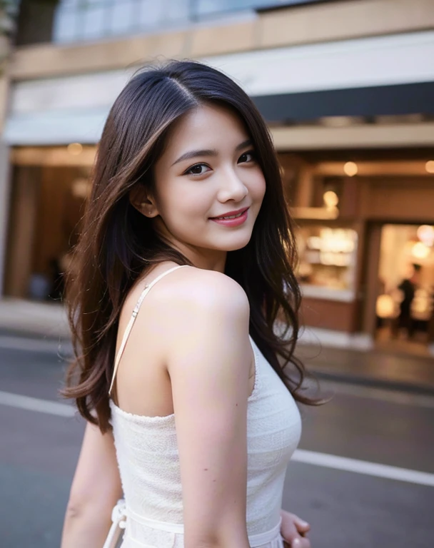 (8K,Raw photo、Raw photo、top-quality、Master masterpiece:1.2)、ultra-detailliert、Super Resolution、(Photorealsitic:1.3)、Angle to shoot from the front、Clearly draw shades of light、high resolution RAW color photos、professional photograpy、Same skin type as humans、Female proofreading of Japan from head to waist、Blur the background、Draws faithfully to anatomy、cafes、Very detailed and beautiful、Ultra-high image quality、long、Hair swaying and sexy、Very detailed beautiful girl、(Pink Eye Shadow)、smile、white dress、From head to foot、Park on a night、Loosely straight hair、high-heels、Shoulder Bag、