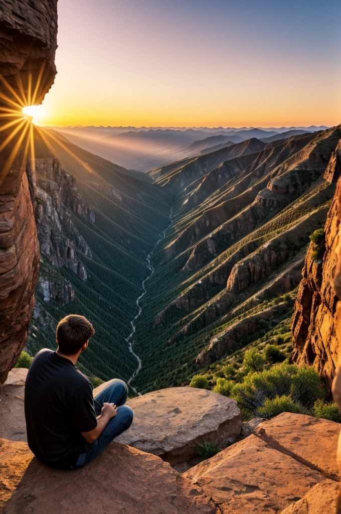 Sad man sitting in a mountain canyon on a spectacular sunset 