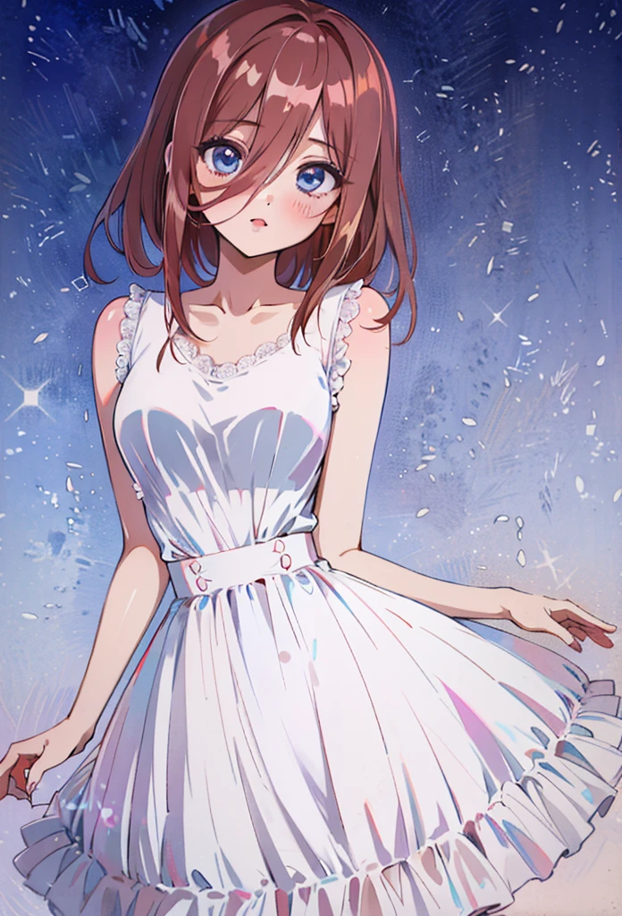 score_9, score_8_up, score_7_up, score_6_up, source anime, akihcipnxl, (1 girl) Sfw, Miku nakano, pretty teenage girl with fluffy long pink brown hair, heart shaped lips and blue eyes making a cute face, aamiku, Nakano Miku from The Quintessential Quintuplets, Miku Nakano, masterpiece, 4k, ultradetailed, cowboy shot, nakano Miku, pink red brown hair, blue eyes, sparkling eyes, night wear, white minimal simple nightwear matching set, white iridescent matching set, white satin and lace night vest, white satin and lace tank top with thin shoulder straps, white satin light night skirt, minimal outfit, simple outfit, all white outfit, full body, dynamic pose, moving, dynamism, hair between eyes, nightwear, starry sky behind her, night sky, pretty stars