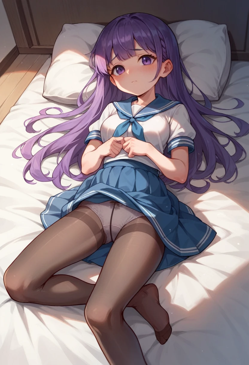 pantyhose,,sailor,dress,cute,lying,panties under pantyhose,purple hair,long hair,,shy,medium breasts