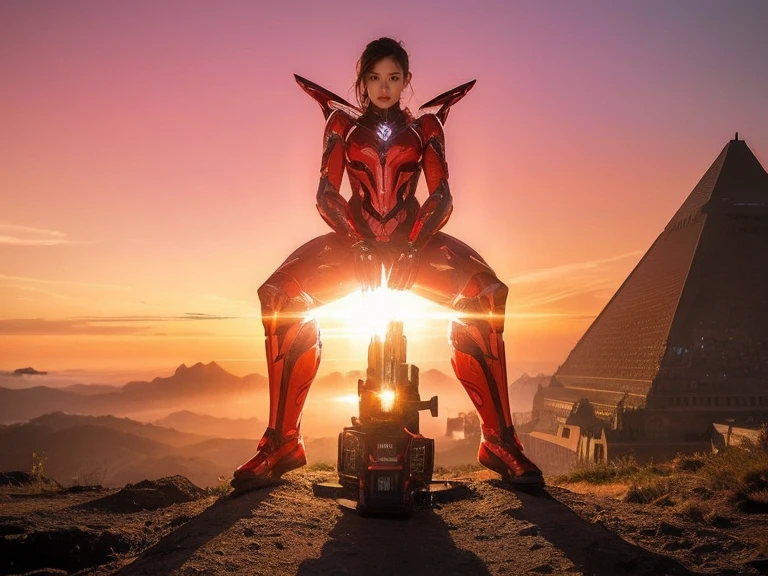 (RAW Photos, Highest quality), (Realistic, Photorealistic:1.3), 1 Girl、Realisticbody、Red and gold battle suit、Pyramid-shaped UFO from outer space、Countless laser beams、Tron、Starship、Mature Woman