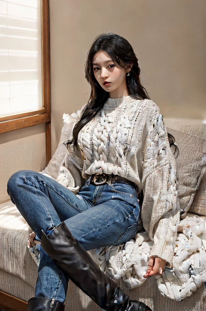 (masterpiece, best quality, 8K, raw photo, beautiful and aesthetic:1.2), intricate details, indirect light, realistic,
((female:1.5)),  Aran sweater poncho worn with a belt, skinny jeans, And knee-high boots,
Paint,