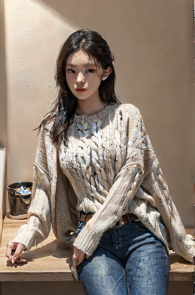 (masterpiece, best quality, 8K, raw photo, beautiful and aesthetic:1.2), intricate details, indirect light, realistic,
((female:1.5)),  Aran sweater poncho worn with a belt, skinny jeans, And knee-high boots,
Paint,