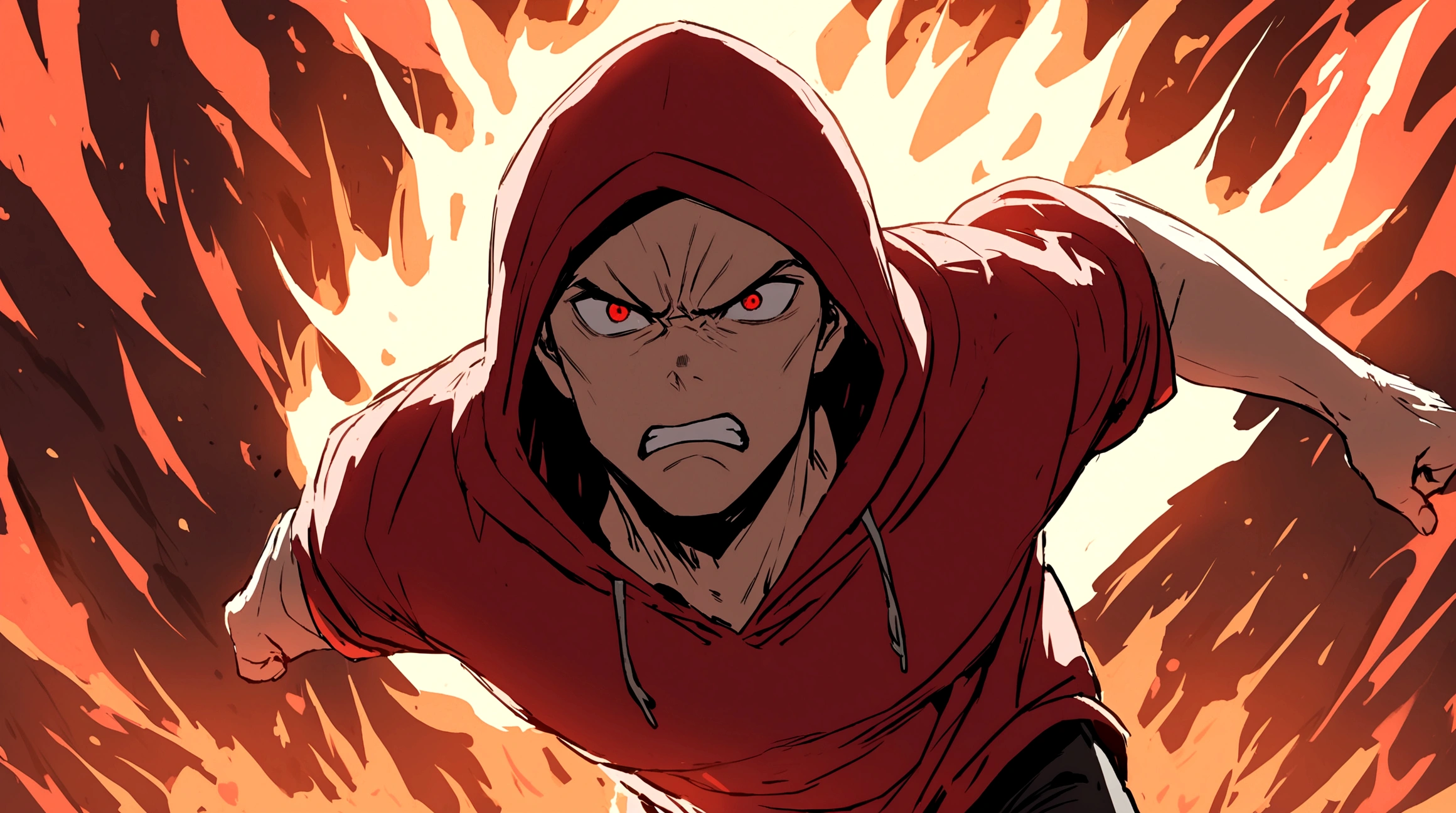 Guy with red hoodie running through fire, serious face expression, epic, red eyes