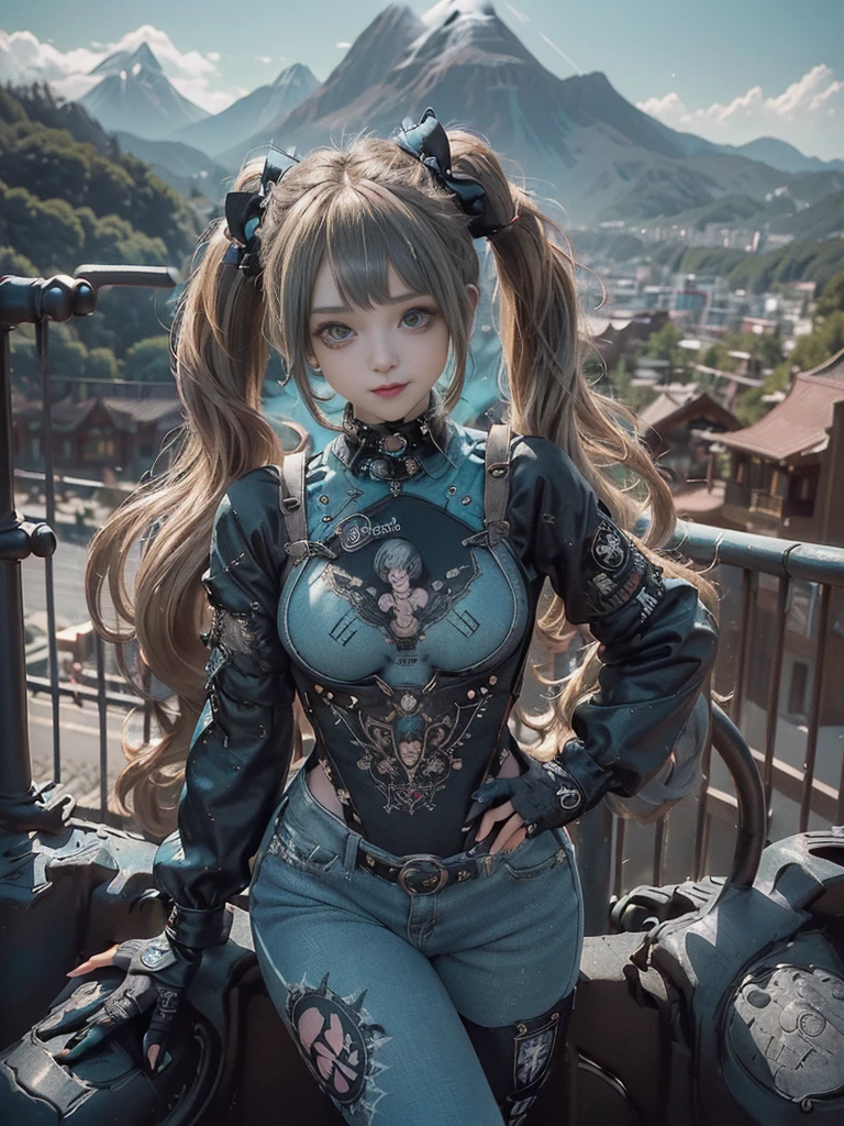 (Smiling with teeth showing:1.3),(Shibuya Gal:1.5)、(Race Queen:1.3)、(Gothic Lolita style fashion:1.5)、(Punk RockVisual Kei:1.5)、(Wearing a rhythmic gymnastics bodysuit with intricate details:1.4)、(Racing suit and pants with intricate decoration in beige, denim and charcoal:1.5)、(Denim and black and brown boots:1.3)、((belt))、(Numerous delicate logo marks all over the costume:1.4)、(collar:1.3)、(Polka dot underwear:1.5)、20-year-old、NSFW、((Highest quality、In 8K、masterpiece:1.3))、Sharp focus:1.2、(Layered Cut、Huge boobs:1.1),Beautiful woman with perfect figure:1.4、(do a gravure pose:1.3)、Slender Abs:1.2、Highly detailed face and skin texture、Detailed eyes、double eyelid,(Twin tails:1.3)、(Black brown hair:1.3)、Gravure idol、(The background is a vast mountain々Beautiful European tourist destinations:1.3)、(Slim Body:1.3),(Make your legs thinner:1.4),(clavicle:1.1)