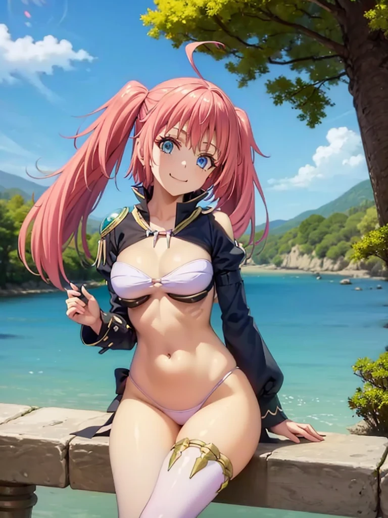 1girl, solo, beautiful girl, brunette skin, blue eyes, big eyes, detailed eyes, long eyelashes, pink hair, long hair, sidelocks, twintails, head tilt, fang, medium breasts, black bikini, string bikini, bikini bottom only, white crop top, asymmetrical legwear, ahoge, clothing cutout, cowboy shot, juliet sleeves, long sleeves, puffy sleeves, pink legwear, revealing clothes, shoulder cutout, pink thighhigh, no pants, skindentation, smile, looking at viewer, narrow waist, perfect hands, perfect anatomy, cleavage, midriff, navel, covered nipples, outdoors, sitting, leaning against a tree,