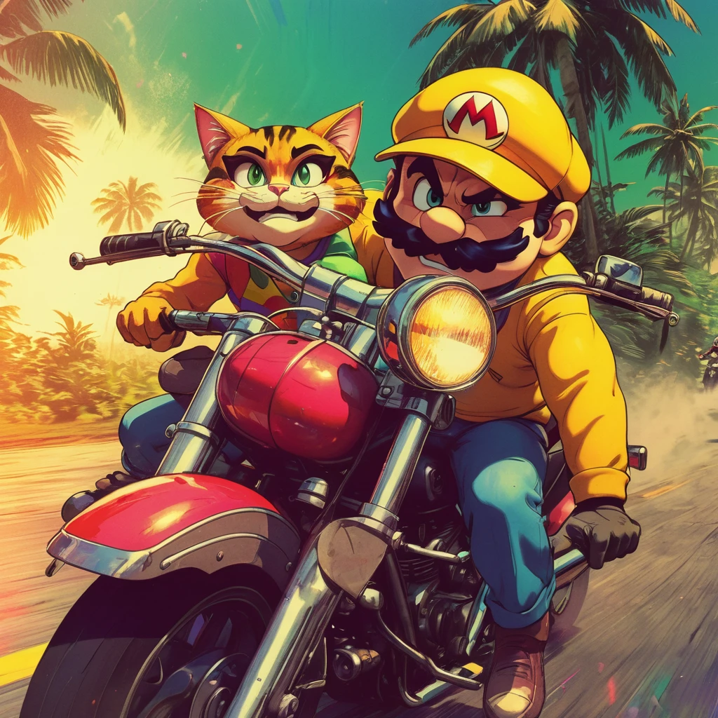 duo top cat and wario riding motorcycles, comic cinematic poster, image within image, multiple exposure, massive scale, rich color grading for shading depth, hand drawn rotoscope cartoon realism, chiaroscuro lighting, mixed media, vintage comic, retro original design, 1990's comic set in 1960's, sense of movement and energy, tropical rot, rewilding, (full roygbiv color) ink, VHS, glitch, distorted, nostalgia, 90's retro vibes, analog tape, vcr aesthetics, tv, television, hand drawn, (full roygbiv color) ink charcoal expressive illustration, no light source, darkness, light mask uv rays across face, splash page