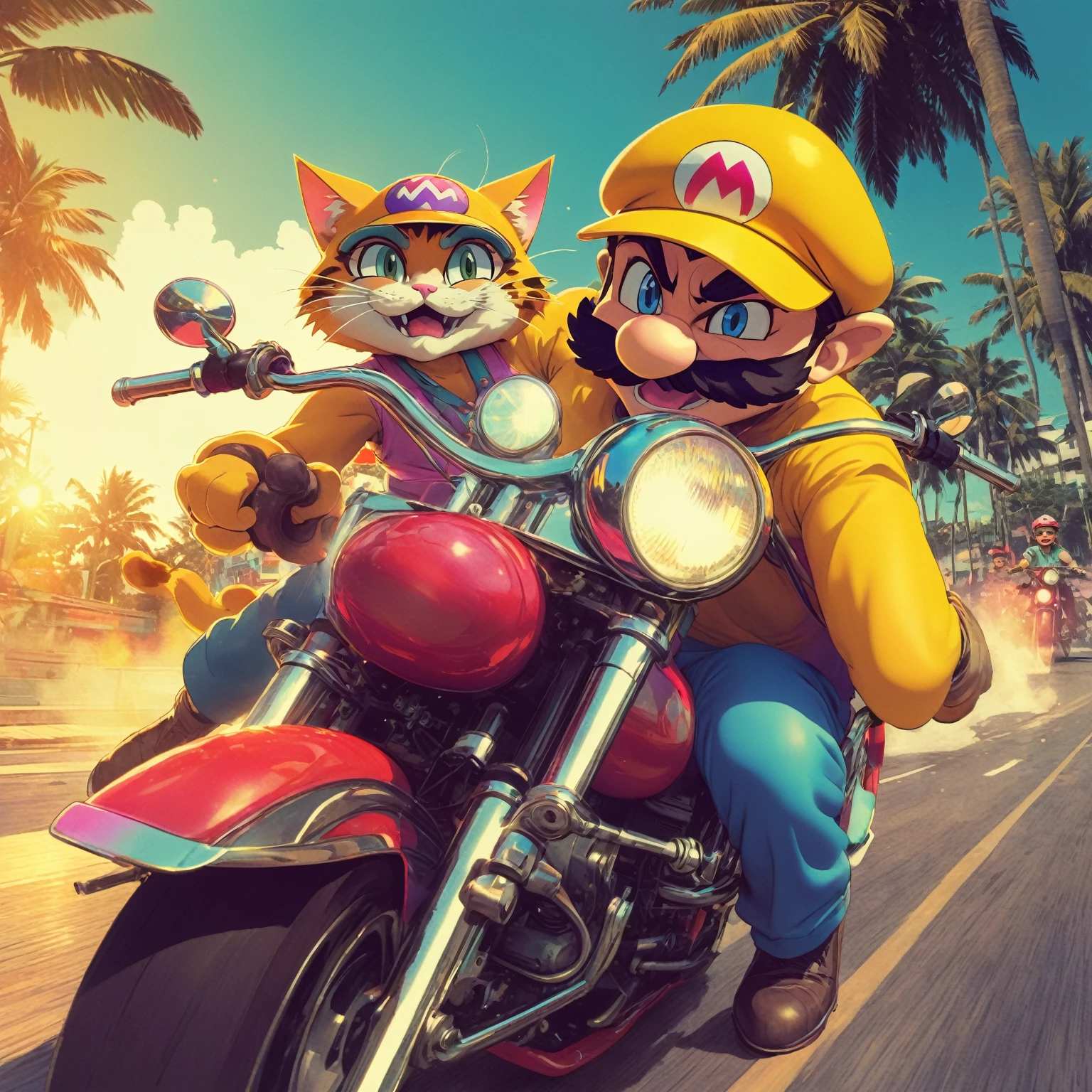 duo top cat and wario riding motorcycles, comic cinematic poster, image within image, multiple exposure, massive scale, rich color grading for shading depth, hand drawn rotoscope cartoon realism, chiaroscuro lighting, mixed media, vintage comic, retro original design, 1990's comic set in 1960's, sense of movement and energy, tropical rot, rewilding, (full roygbiv color) ink, VHS, glitch, distorted, nostalgia, 90's retro vibes, analog tape, vcr aesthetics, tv, television, hand drawn, (full roygbiv color) ink charcoal expressive illustration, no light source, darkness, light mask uv rays across face, splash page