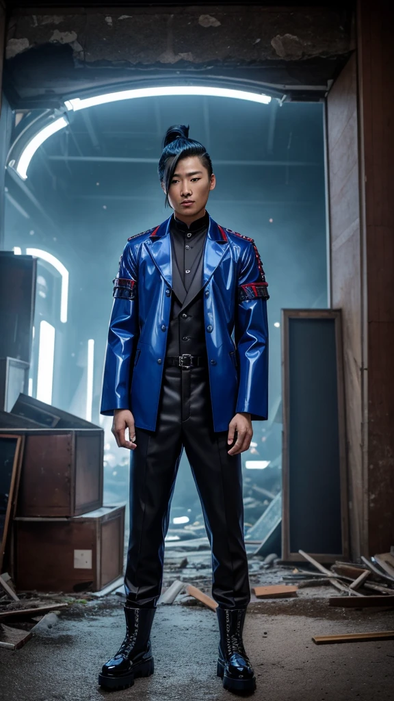 long shot down fish eye view. in action pose. Handsome Korean man with a scratch on his right eye. armor mecha red latex ring high collar trench jacket in black suit. cornrow undercut white light hair manbun. ninja assassin profession. aura blue flame cold air blue katana neon smoke holograpic. wearing punk both mecha shoes. stand in a cool style. backgroun japanes ruins of ravaged buildings rock montain outboard bloody incident windstrom. 