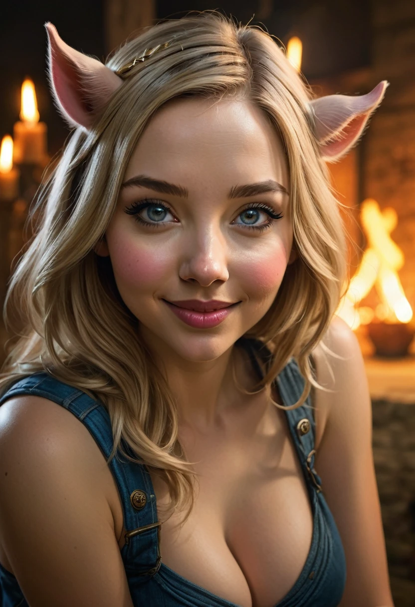 Create an illustrated, hand-drawn, full-color image of an  humanoid, hybrid, anthropomorphic,  sexy pig woman. The artwork should be rendered in the style of "Breath of the Wild," featuring warm lighting and shadows. Include graphite shading, stencil marks, and airbrushed acrylic paint effects. The image should be of the highest quality, a masterpiece with intricate details. cow nose, cow ears.

The bovine woman should have a female, humanoid, appearance. She should have luscious lips, a wide smile, and bright, expressive eyes, exuding beauty, cuteness, and adorableness. Ensure the image is high resolution and sharply detailed, with a detailed and vibrant background. Scarlett Johanson, Alison Brie, Dove Cameron

Incorporate mystical lighting in the background, creating a romantic and enchanting atmosphere.
